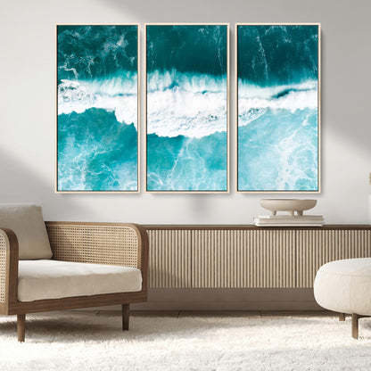 23828594-MGV-FC-48X32-3P_Natural-Aerial Waves Wall Art Canvas Print, Framed Ocean Break Art Picture Print, Sea Foam Perfect Tropical Coastal Decor Artwork
