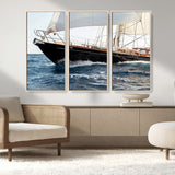 97168626-MGV-CV-36X24-Sailing Yacht Wall Art Canvas Print, Framed Wooden Yacht Art Picture Print, Ocean Waves Perfect Nautical Coastal Decor Artwork
