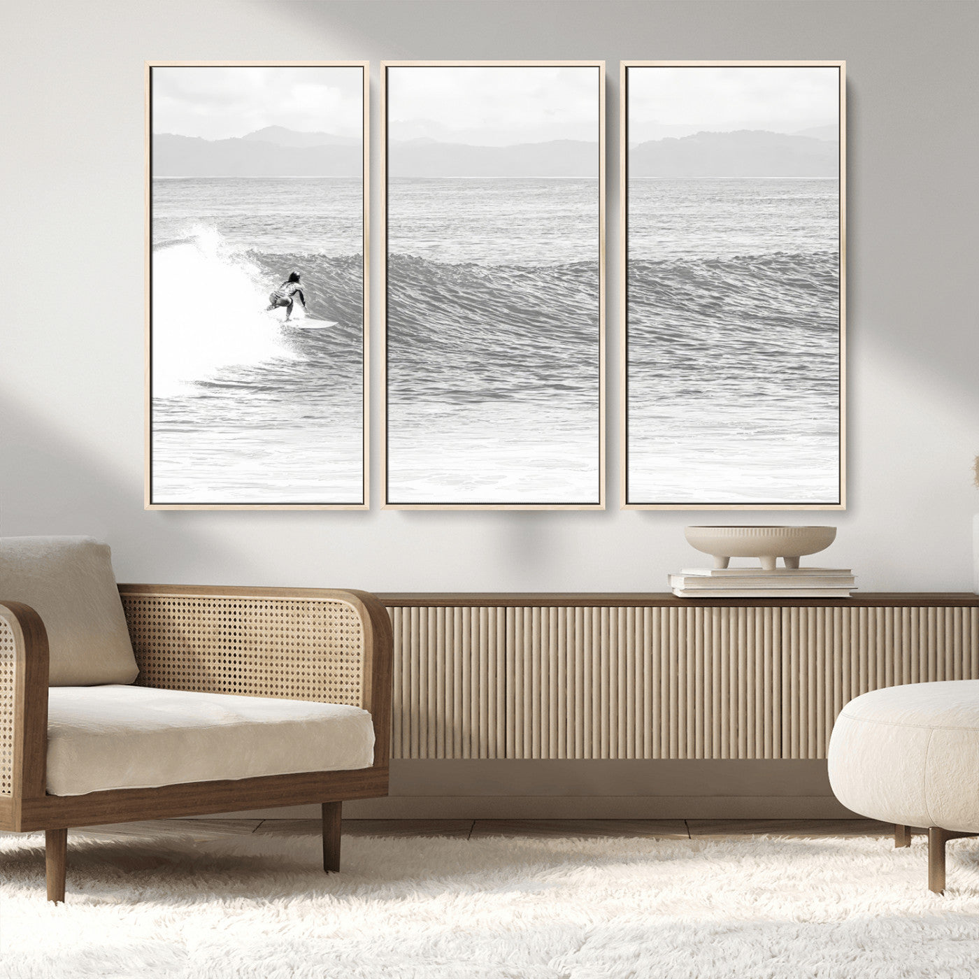 81535128-MGV-CV-36X24-Surfer Woman Wall Art Canvas Print, Framed Black Ocean Art Picture Print, Ocean Surfing Perfect Monochrome Coastal Decor Artwork