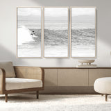 81535128-MGV-FC-48X32-3P_Natural-Surfer Woman Wall Art Canvas Print, Framed Black Ocean Art Picture Print, Ocean Surfing Perfect Monochrome Coastal Decor Artwork