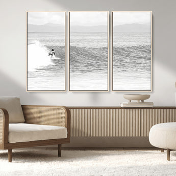 81535128-MGV-FC-48X32-3P_Natural-Surfer Woman Wall Art Canvas Print, Framed Black Ocean Art Picture Print, Ocean Surfing Perfect Monochrome Coastal Decor Artwork