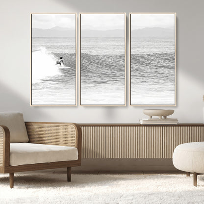 81535128-MGV-FC-48X32-3P_Natural-Surfer Woman Wall Art Canvas Print, Framed Black Ocean Art Picture Print, Ocean Surfing Perfect Monochrome Coastal Decor Artwork