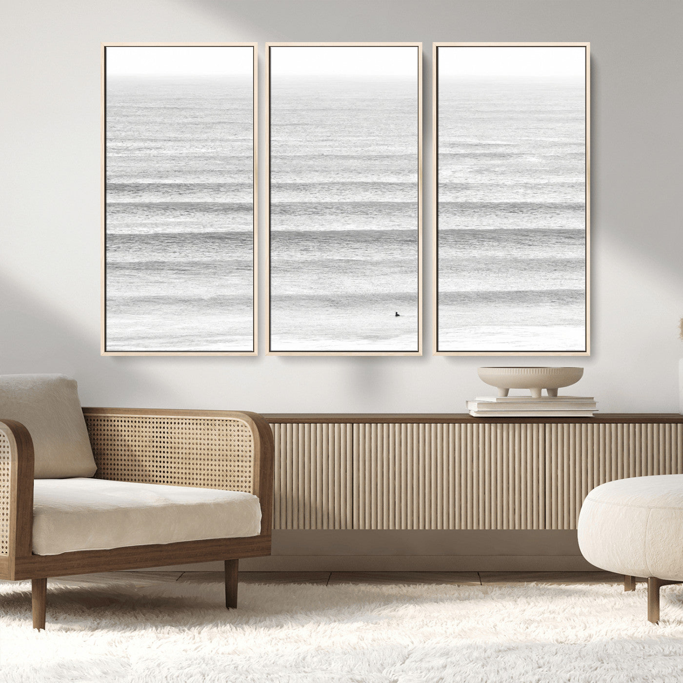 66534476-MGV-CV-36X24-Lone Surfer Wall Art Canvas Print, Framed Ocean Waves Art Picture Print, Minimal Sea Perfect Minimal Coastal Decor Artwork