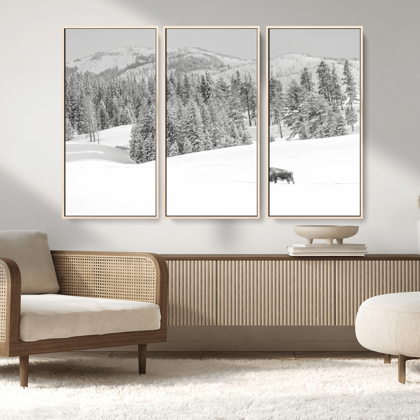 68081143-MGV-CV-36X24-Snowy Bison Wall Art Canvas Print, Framed Winter Forest Art Picture Print, Lone Bison Perfect Monochrome Winter Wild Decor Artwork