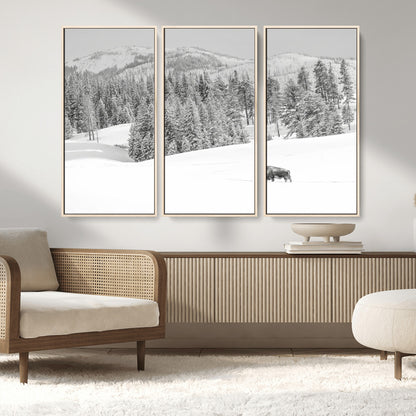 68081143-MGV-CV-36X24-Snowy Bison Wall Art Canvas Print, Framed Winter Forest Art Picture Print, Lone Bison Perfect Monochrome Winter Wild Decor Artwork