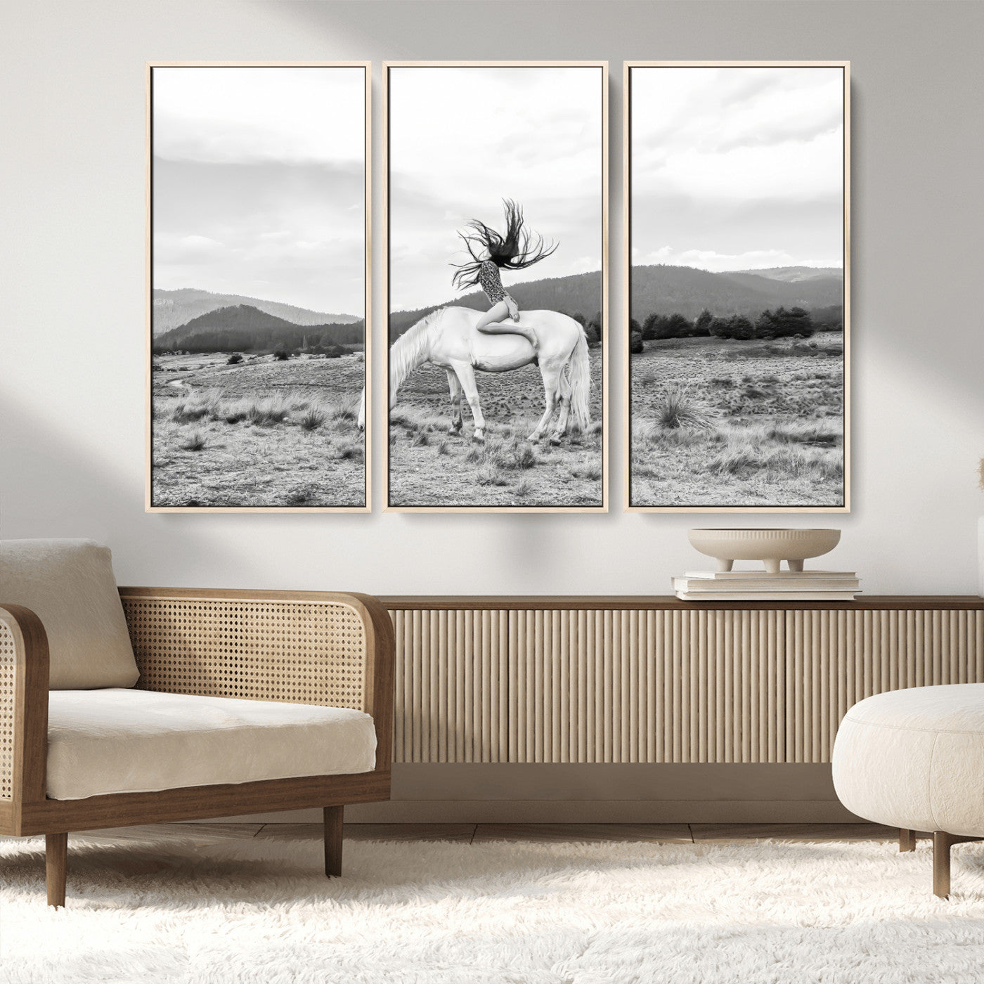 62789800-MGV-CV-36X24-White Horse Wall Art Canvas Print, Framed Woman Rider Art Picture Print, Equestrian Pose Perfect Western Boho Decor Artwork
