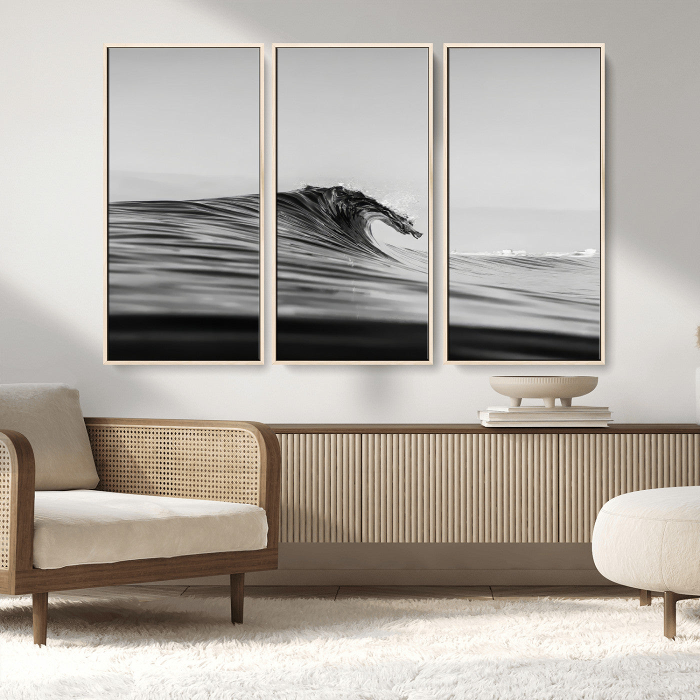 24029476-MGV-FC-48X32-3P_Natural-Black Wave Wall Art Canvas Print, Framed Abstract Surf Art Picture Print, Minimalist Ocean Perfect Minimalist Coastal Decor