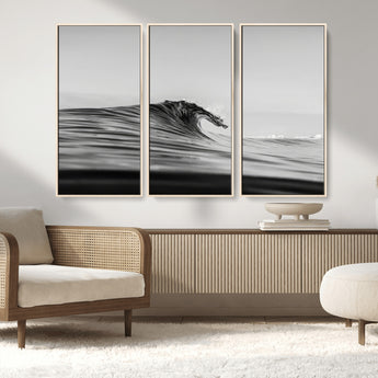 24029476-MGV-FC-48X32-3P_Natural-Black Wave Wall Art Canvas Print, Framed Abstract Surf Art Picture Print, Minimalist Ocean Perfect Minimalist Coastal Decor