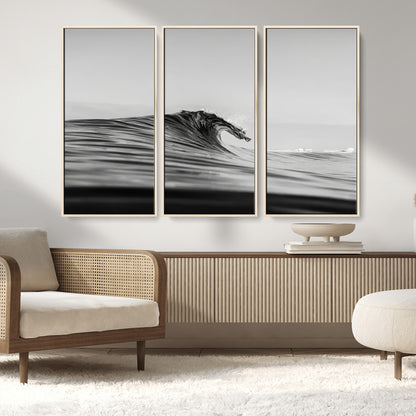 24029476-MGV-FC-48X32-3P_Natural-Black Wave Wall Art Canvas Print, Framed Abstract Surf Art Picture Print, Minimalist Ocean Perfect Minimalist Coastal Decor