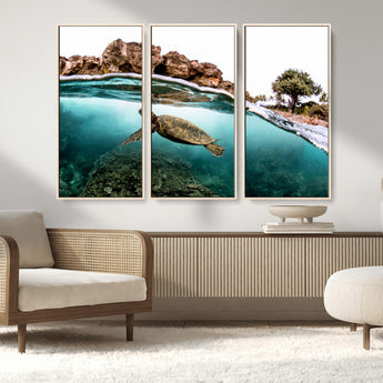 44200301-MGV-FC-48X32-3P_Natural-Sea Turtle Swim Wall Art Canvas Print, Framed Ocean Life Art Picture Print, Tropical Shoreline Perfect Tropical Coastal Decor