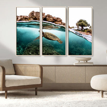 44200301-MGV-FC-48X32-3P_Natural-Sea Turtle Swim Wall Art Canvas Print, Framed Ocean Life Art Picture Print, Tropical Shoreline Perfect Tropical Coastal Decor