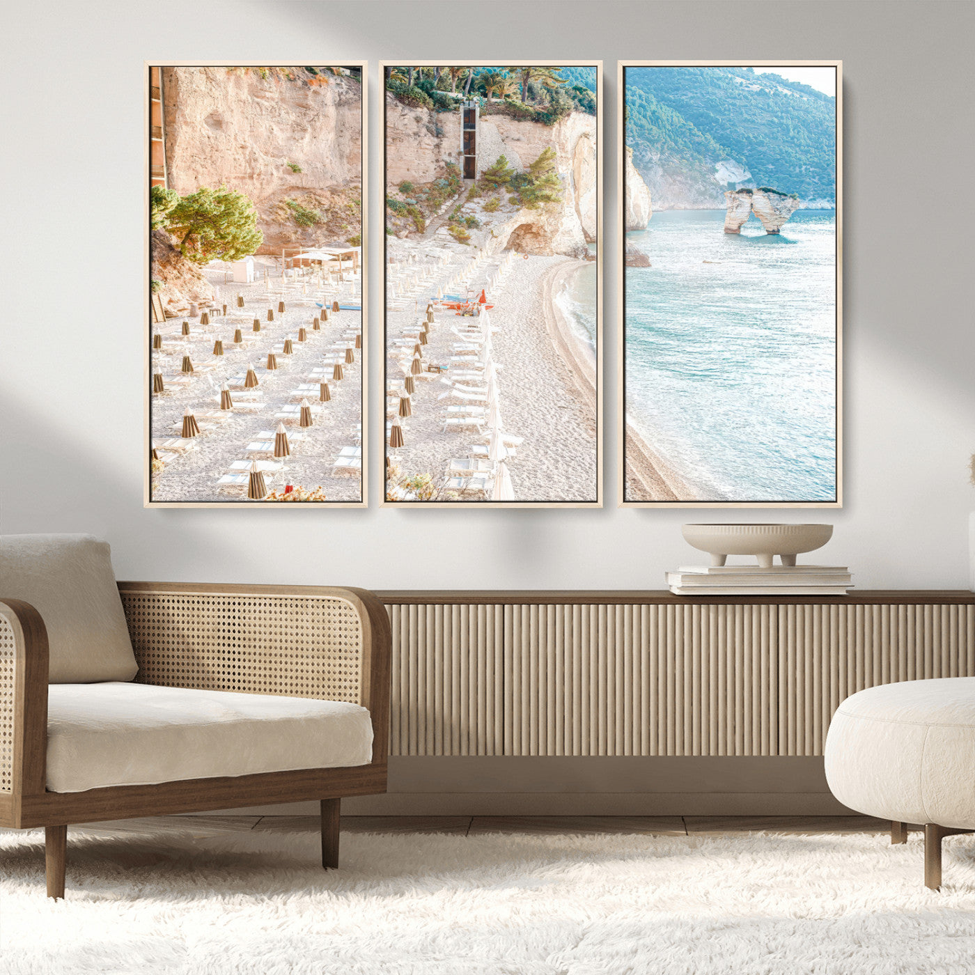 84816639-MGV-FC-48X32-3P_Natural-Mediterranean Beach Wall Art Canvas Print, Framed Airy Coastal Art Picture Print, Summer Shore Perfect Coastal Retreat Decor
