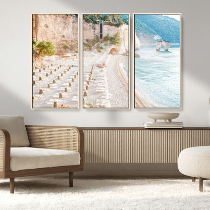 84816639-MGV-FC-48X32-3P_Natural-Mediterranean Beach Wall Art Canvas Print, Framed Airy Coastal Art Picture Print, Summer Shore Perfect Coastal Retreat Decor