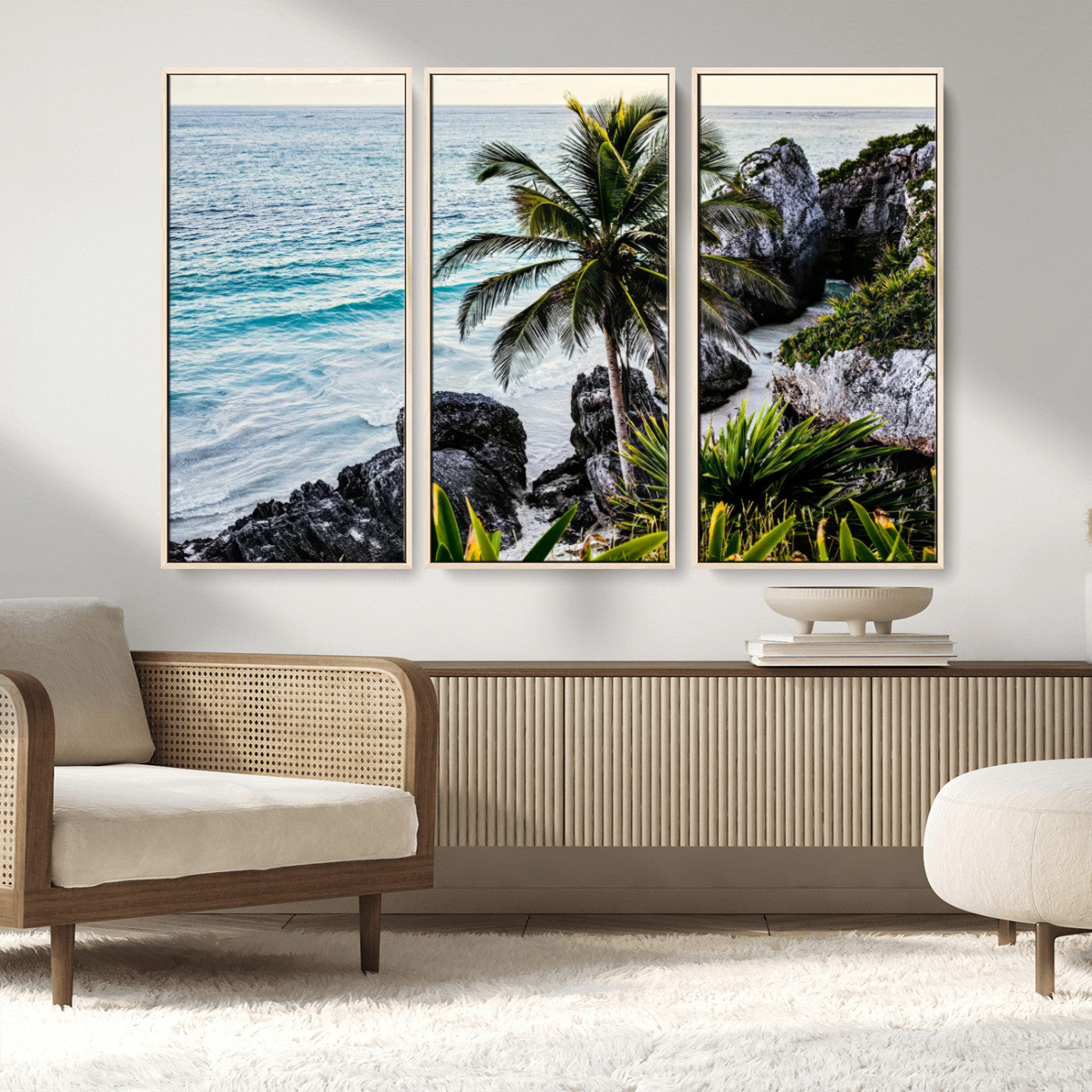 94669907-MGV-CV-36X24-Tropical Coastline Wall Art Canvas Print, Framed Palm Tree Art Picture Print, Rocky Beach Perfect Tropical Coastal Decor Artwork