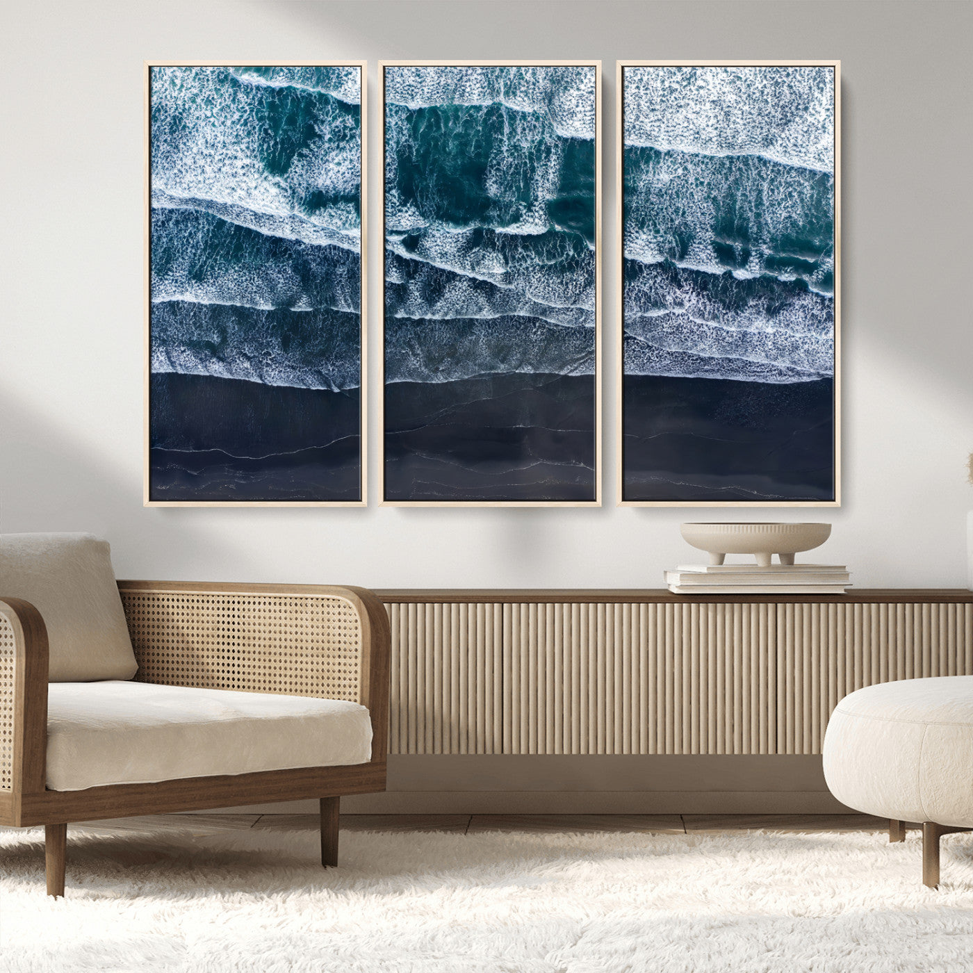 87941475-MGV-FC-48X32-3P_Natural-Black Beach Wall Art Canvas Print, Framed Aerial Ocean Art Picture Print, Moody Coastal Perfect Modern Coastal Decor Artwork