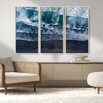 87941475-MGV-FC-48X32-3P_Natural-Black Beach Wall Art Canvas Print, Framed Aerial Ocean Art Picture Print, Moody Coastal Perfect Modern Coastal Decor Artwork