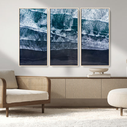 87941475-MGV-FC-48X32-3P_Natural-Black Beach Wall Art Canvas Print, Framed Aerial Ocean Art Picture Print, Moody Coastal Perfect Modern Coastal Decor Artwork