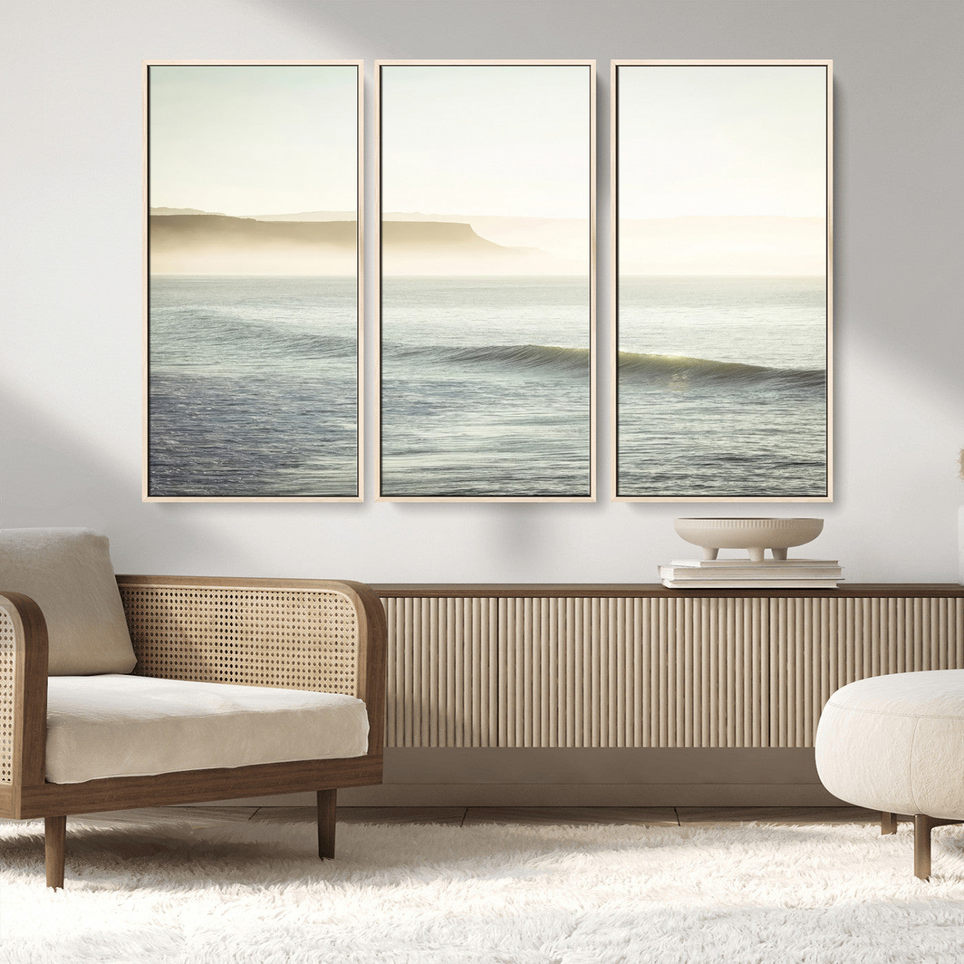 39310633-MGV-FC-48X32-3P_Natural-Coastal Cliffs Wall Art Canvas Print, Framed Misty Ocean Art Picture Print, Morning Light Perfect Minimalistic Coastal Decor