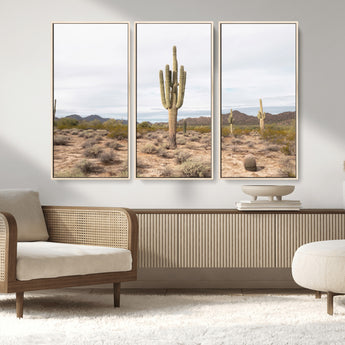 96147924-MGV-FC-48X32-3P_Natural-Saguaro Cactus Wall Art Canvas Print, Framed Desert Cactus Art Picture Print, Earthy Desert Perfect Southwestern Boho Decor