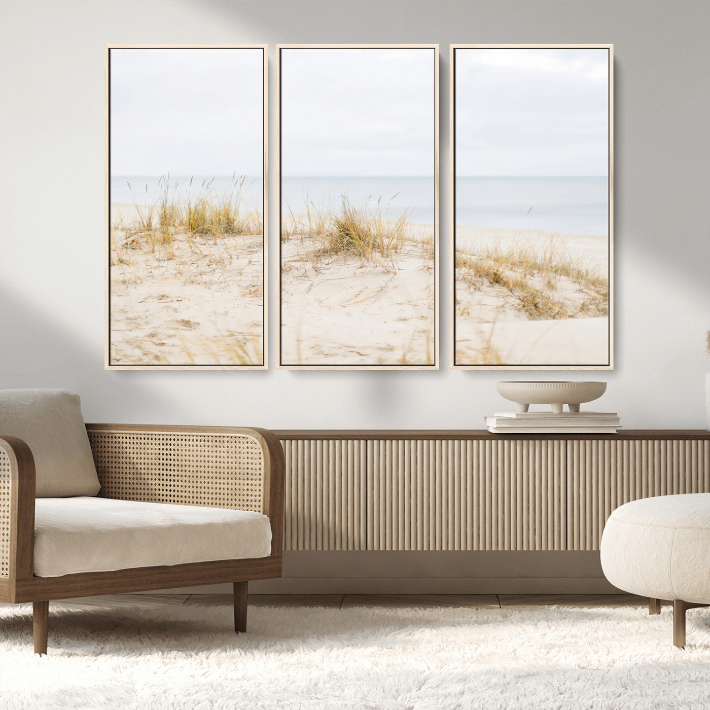 13146857-MGV-FC-48X32-3P_Natural-Beach Dunes Wall Art Canvas Print, Framed Soft Horizon Art Picture Print, Coastal Grass Perfect Minimalist Coastal Decor Artwork