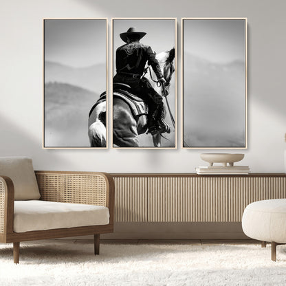 83102464-MGV-CV-36X24-Western Cowboy Wall Art Canvas Print, Framed Monochrome Horse Art Picture Print, Western Equestrian Perfect Rustic Western Decor