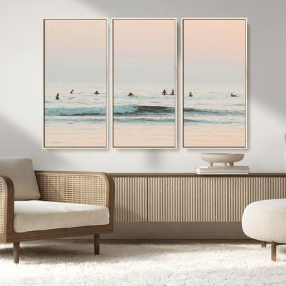 98888919-MGV-FC-48X32-3P_Natural-Pastel Ocean Wall Art Canvas Print, Framed Soft Sunset Swimming Art Picture Print, Calm Sea Horizon Perfect Soft Coastal