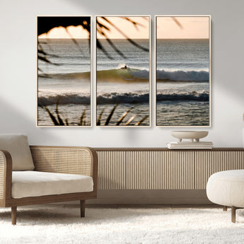 24896468-MGV-CV-36X24-Sunset Surf Wall Art Canvas Print, Framed Golden Waves Art Picture Print, Tropical Ocean Perfect Tropical Boho Decor Artwork