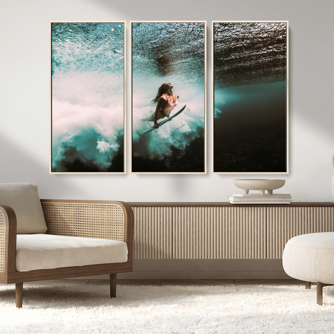 85923512-MGV-FC-48X32-3P_Natural-Aquatic Motion Wall Art Canvas Print, Framed Underwater Swimming Art Picture Print, Female Surfer Diving Perfect Coastal Boho