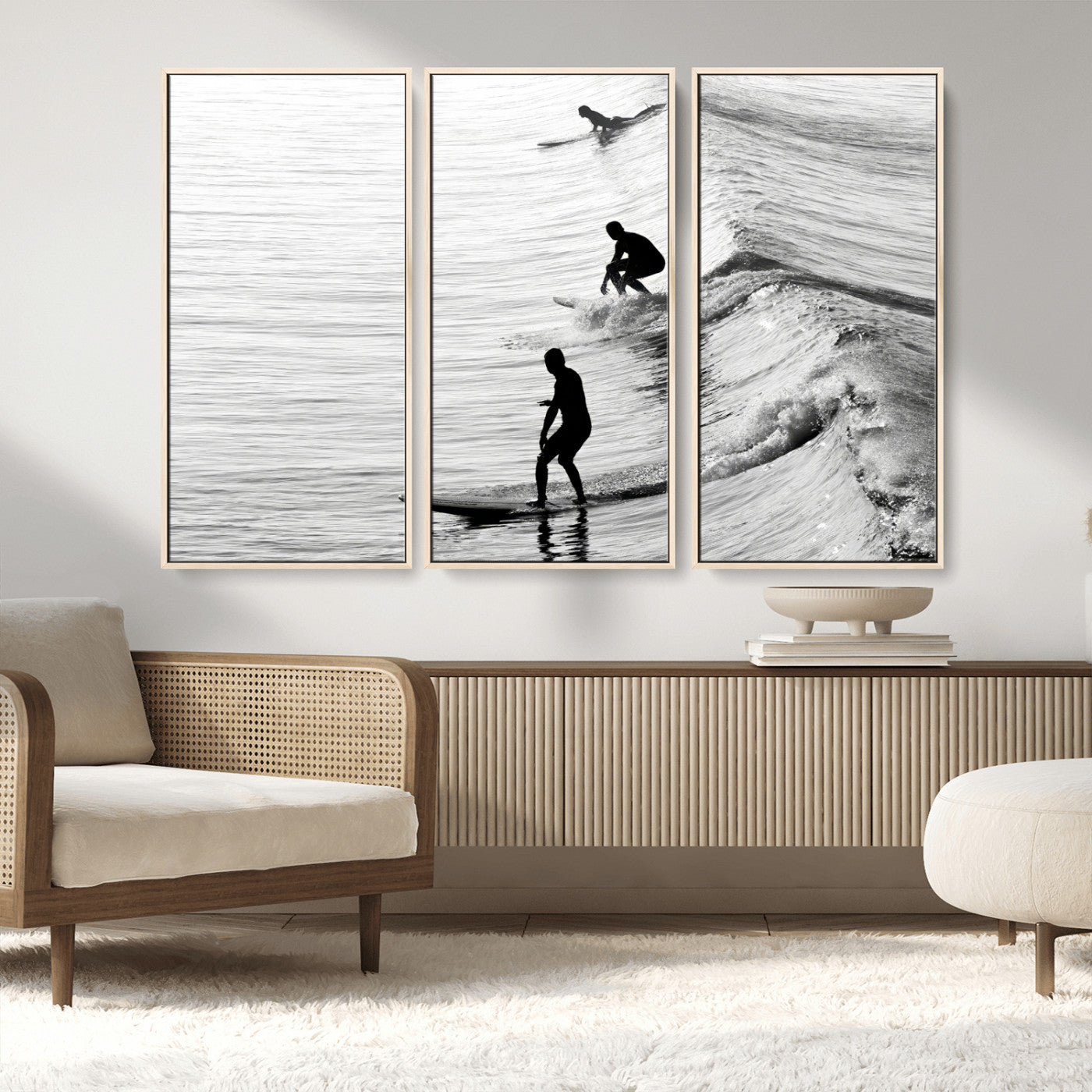 19875284-MGV-CV-36X24-Surfer Waves Wall Art Canvas Print, Framed Black White Surf Art Picture Print, Monochrome Ocean Perfect Modern Coastal Decor