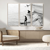 19875284-MGV-CV-36X24-Surfer Waves Wall Art Canvas Print, Framed Black White Surf Art Picture Print, Monochrome Ocean Perfect Modern Coastal Decor