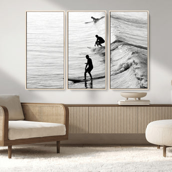 19875284-MGV-CV-36X24-Surfer Waves Wall Art Canvas Print, Framed Black White Surf Art Picture Print, Monochrome Ocean Perfect Modern Coastal Decor