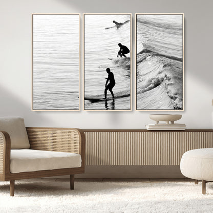 19875284-MGV-CV-36X24-Surfer Waves Wall Art Canvas Print, Framed Black White Surf Art Picture Print, Monochrome Ocean Perfect Modern Coastal Decor