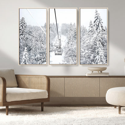 44705668-MGV-FC-48X32-3P_Natural-Winter Forest Wall Art Canvas Print, Framed Snowy Forest Art Picture Print, Ski Lift Perfect Scandinavian Decor Artwork