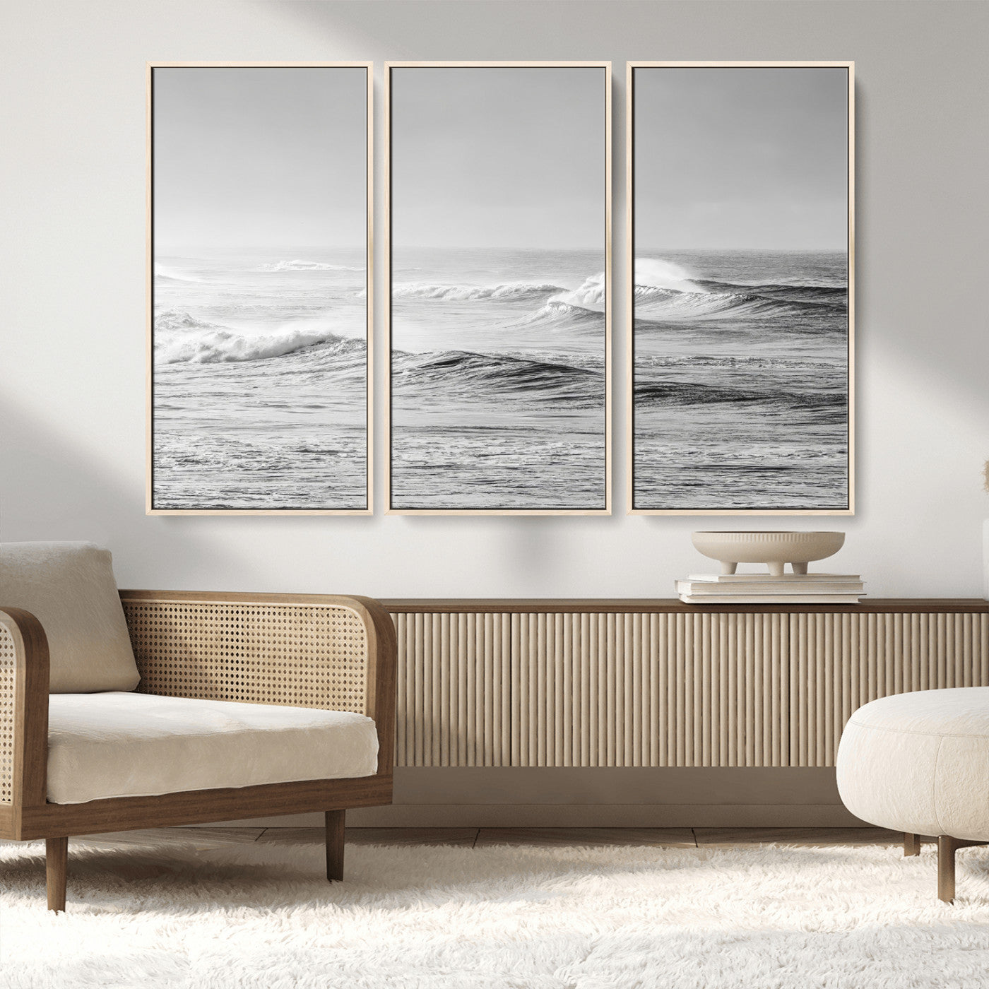 98634812-MGV-FC-48X32-3P_Natural-Black and White Ocean Waves Wall Art – Minimalist Sea Canvas Print, Coastal Photography Decor for Living Room, Bedroom or Office