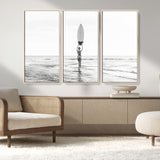 98446901-MGV-FC-48X32-3P_Natural-Monochrome Surf Wall Art Canvas Print, Framed Minimalist Surfer Art Picture Print, Surfboard Silhouette Perfect Coastal Minimalist