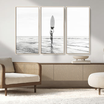 98446901-MGV-FC-48X32-3P_Natural-Monochrome Surf Wall Art Canvas Print, Framed Minimalist Surfer Art Picture Print, Surfboard Silhouette Perfect Coastal Minimalist