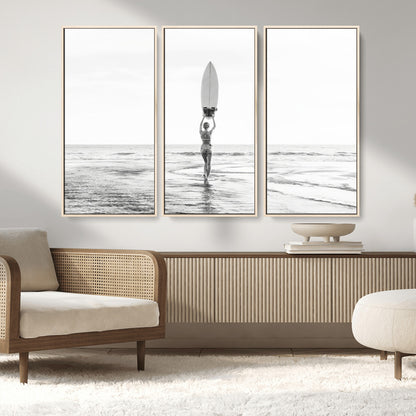 98446901-MGV-FC-48X32-3P_Natural-Monochrome Surf Wall Art Canvas Print, Framed Minimalist Surfer Art Picture Print, Surfboard Silhouette Perfect Coastal Minimalist