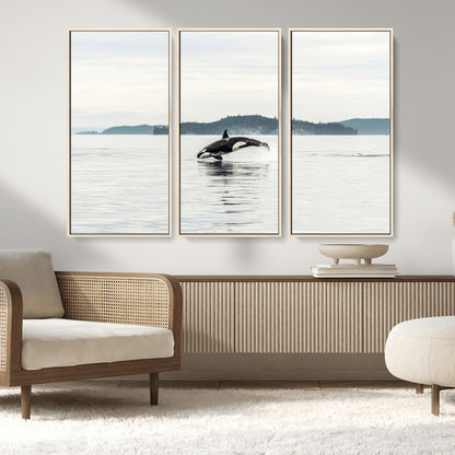 10157174-MGV-FC-48X32-3P_Natural-Orca Whale Wall Art Canvas Print, Framed Black White Whale Art Picture Print, Minimalist Ocean Perfect Coastal Minimalist Decor