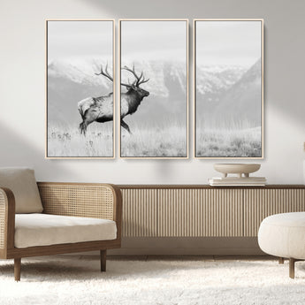 62278753-MGV-CV-36X24-Monochrome Elk Wall Art Canvas Print, Framed Mountain Wildlife Art Picture Print, Rustic Nature Perfect Rustic Minimalist Decor