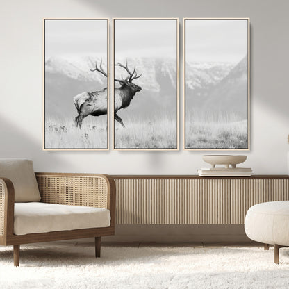 62278753-MGV-CV-36X24-Monochrome Elk Wall Art Canvas Print, Framed Mountain Wildlife Art Picture Print, Rustic Nature Perfect Rustic Minimalist Decor