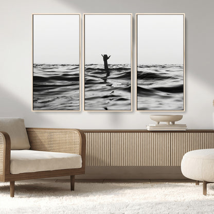 69541918-MGV-FC-48X32-3P_Natural-Black White Ocean Wall Art Canvas Print, Framed Moody Seascape Art Picture Print, Surfer Sign Perfect Moody Minimalist Decor