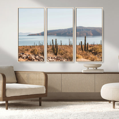 45193515-MGV-CV-36X24-Desert Cactus Wall Art Canvas Print, Framed Baja Coastline Art Picture Print, Coastal Desert Perfect Southwestern Minimalist Decor