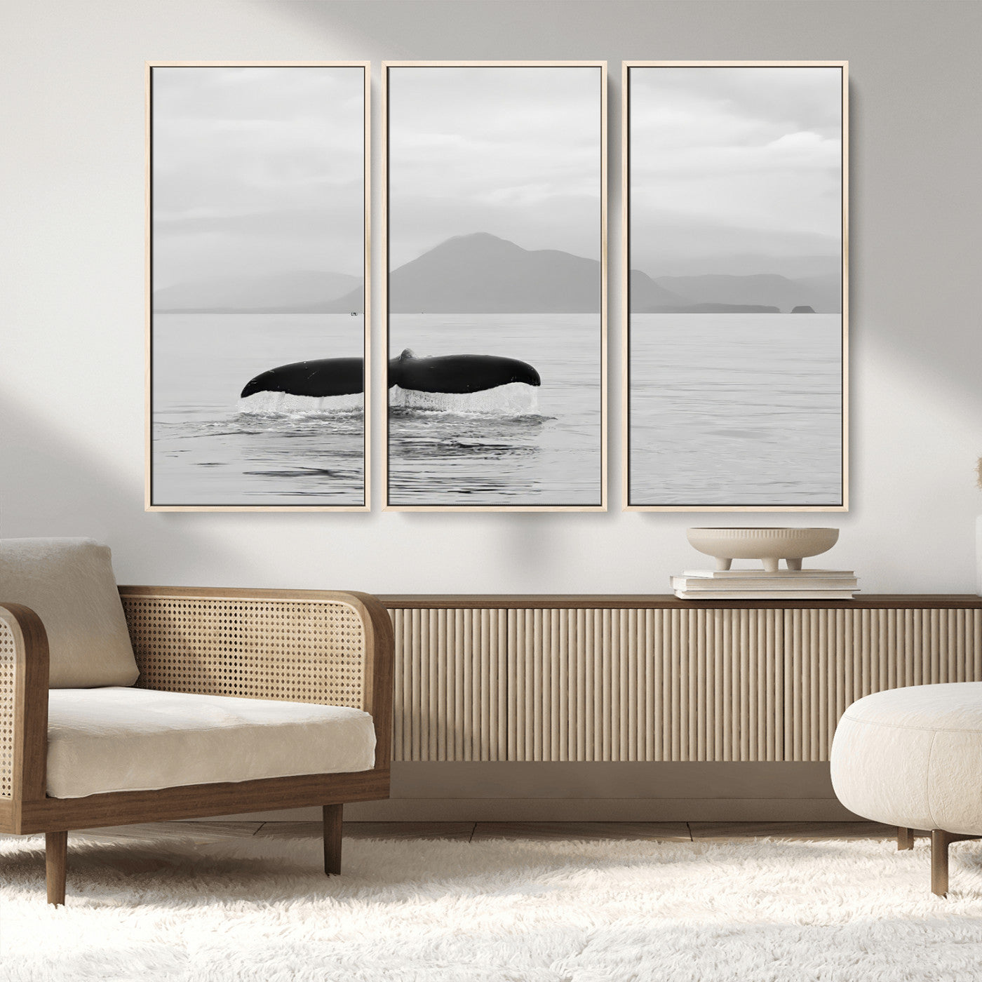 30524220-MGV-FC-48X32-3P_Natural-Whale Tail Wall Art Canvas Print, Framed Black White Ocean Art Picture Print, Calm Marine Perfect Minimalist Coastal Decor Artwork