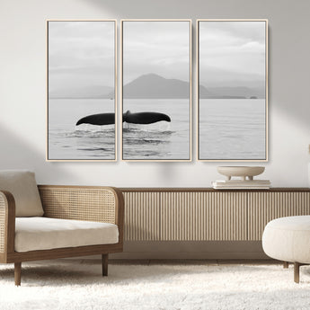 30524220-MGV-FC-48X32-3P_Natural-Whale Tail Wall Art Canvas Print, Framed Black White Ocean Art Picture Print, Calm Marine Perfect Minimalist Coastal Decor Artwork
