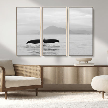 30524220-MGV-FC-48X32-3P_Natural-Whale Tail Wall Art Canvas Print, Framed Black White Ocean Art Picture Print, Calm Marine Perfect Minimalist Coastal Decor Artwork