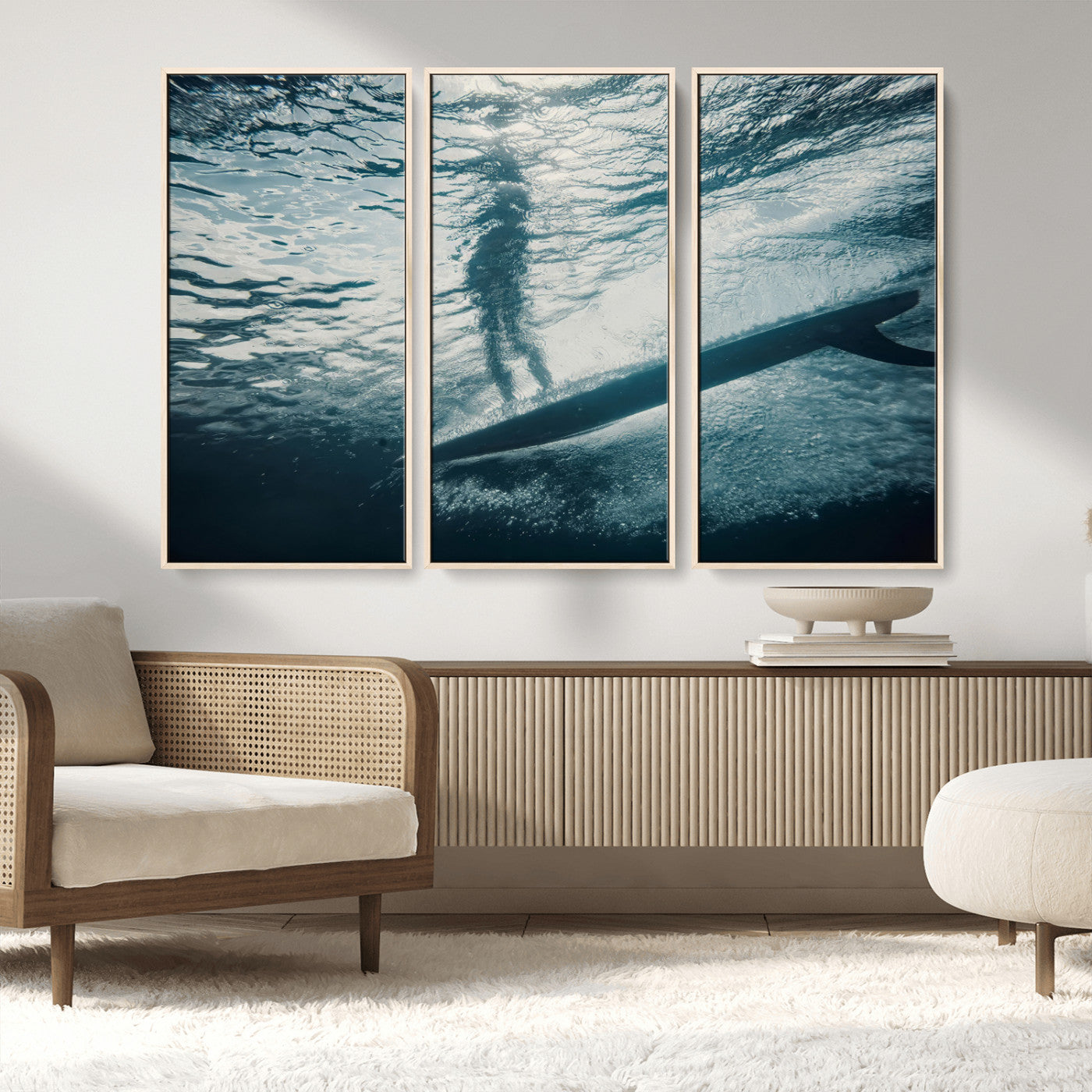71192524-MGV-FC-48X32-3P_Natural-Submerged Surf Wall Art Canvas Print, Framed Underwater Perspective Art Picture Print, Ocean Surf Perfect Coastal Adventure Decor