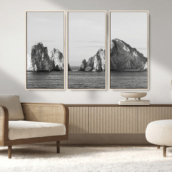18810731-MGV-FC-48X32-3P_Natural-Rugged Coastline Wall Art Canvas Print, Framed Ocean Cliffs Art Picture Print, Monochrome Seascape Perfect Coastal Minimalist