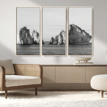 18810731-MGV-FC-48X32-3P_Natural-Rugged Coastline Wall Art Canvas Print, Framed Ocean Cliffs Art Picture Print, Monochrome Seascape Perfect Coastal Minimalist