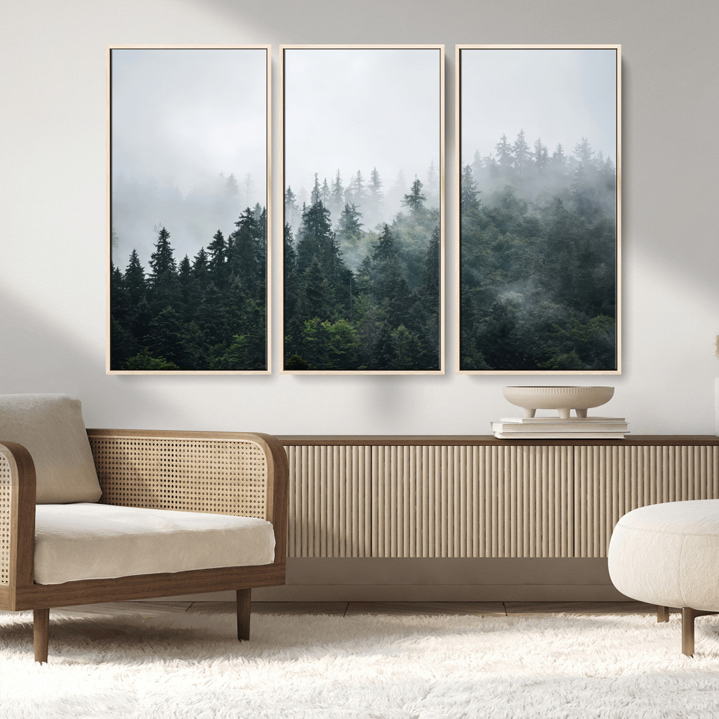 84146572-MGV-FC-48X32-3P_Natural-Foggy Pine Trees Wall Art Canvas Print, Framed Forest Nature Art Picture Print, Evergreen Forest Perfect Scandinavian Minimalist