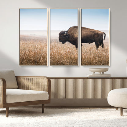 99620201-MGV-FC-48X32-3P_Natural-Wild Bison Wall Art Canvas Print, Framed Bison in Prairie Art Picture Print, Rustic Western Perfect Rustic Western Decor Artwork